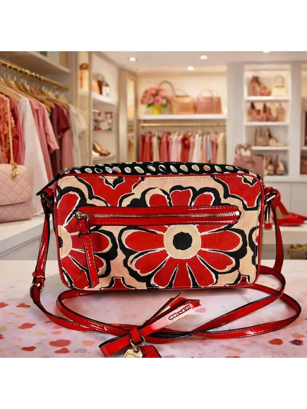 Coach Poppy 25121‎ Floral Red and Black Crossbody Shoulder Bag